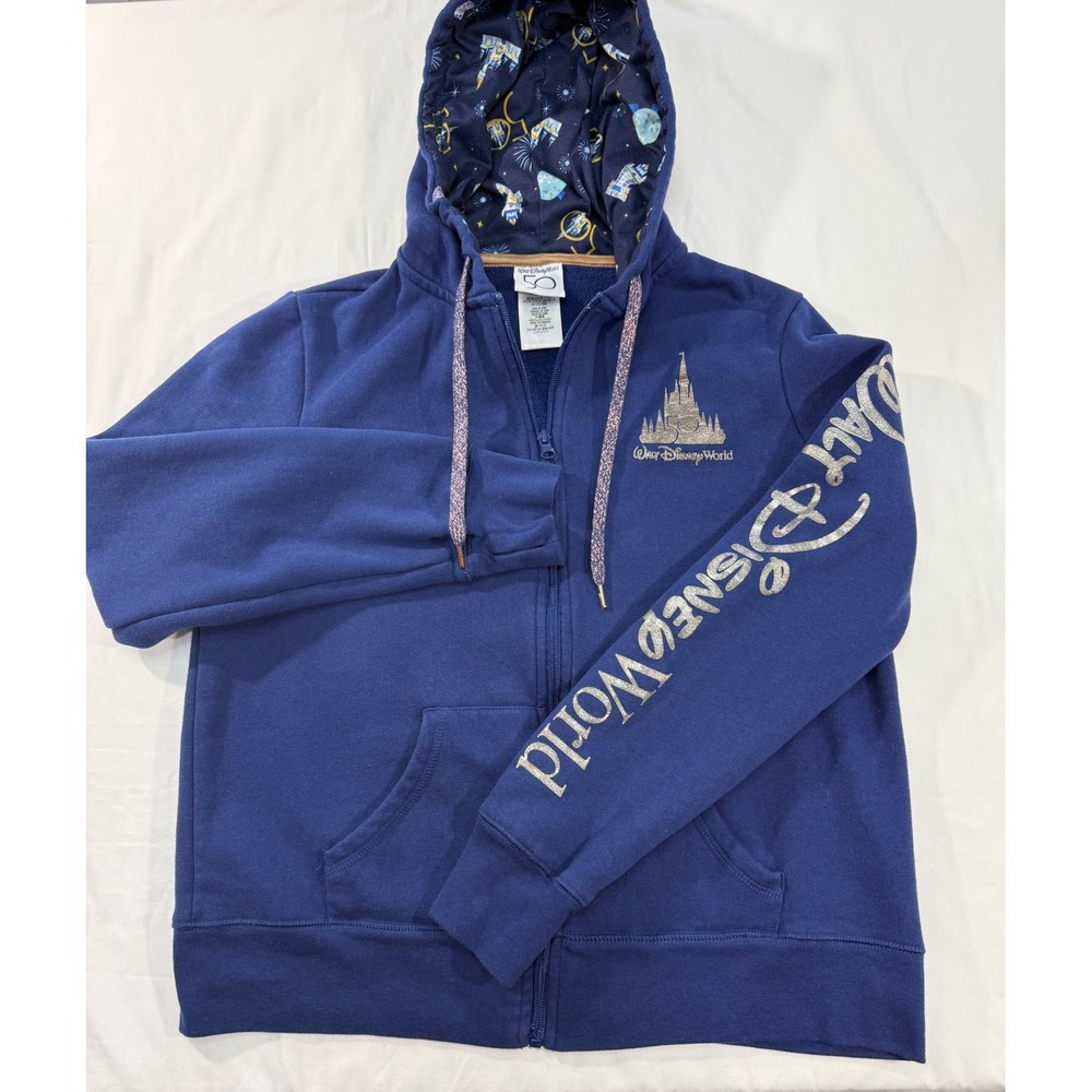 Disney Parks Walt Disney World 50th Anniversary Zip Hoodie Navy Blue Large